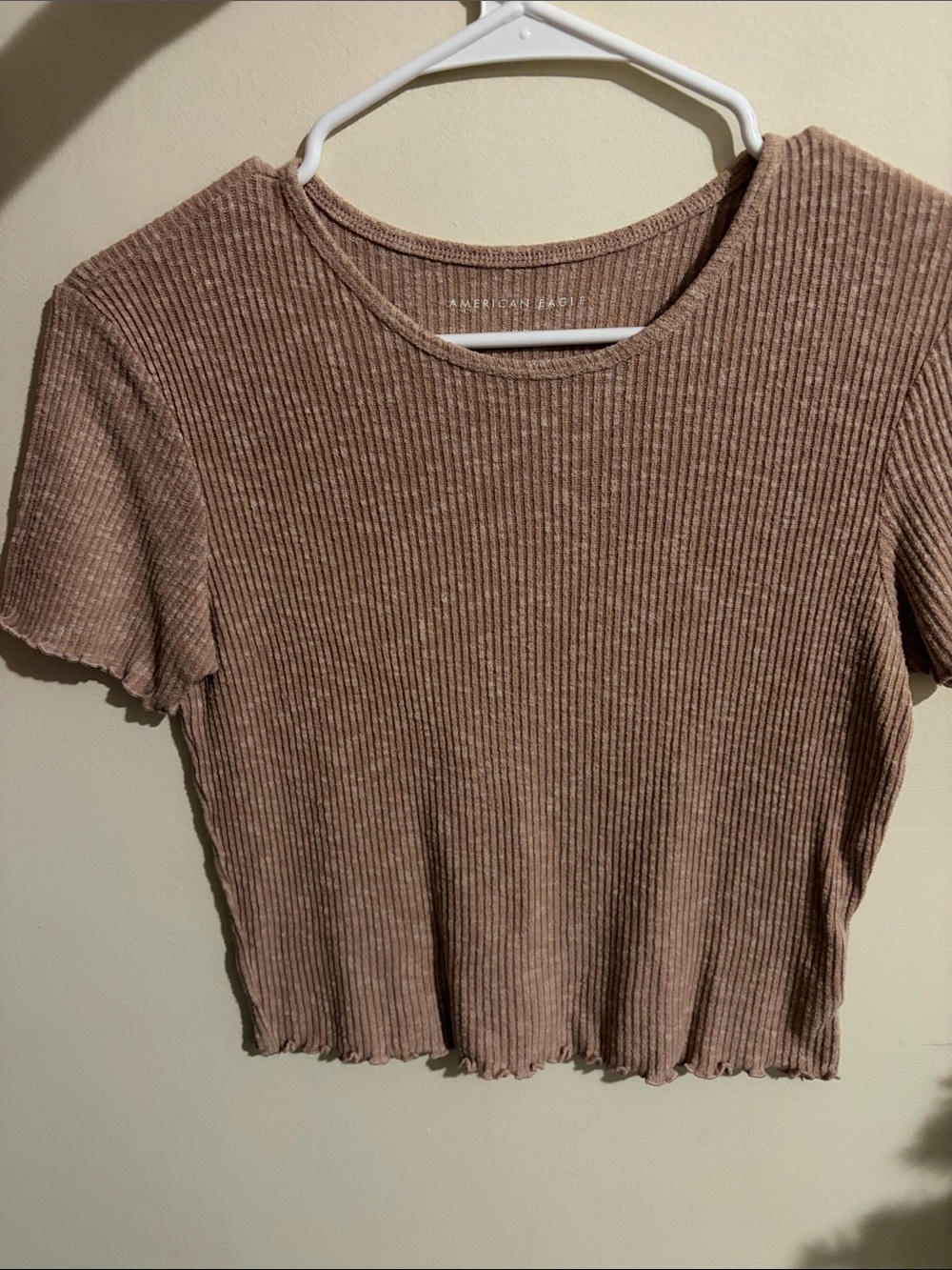 American Eagle Outfitters Ribbed Lettuce-Hem Crop Tee in Mauve Brown